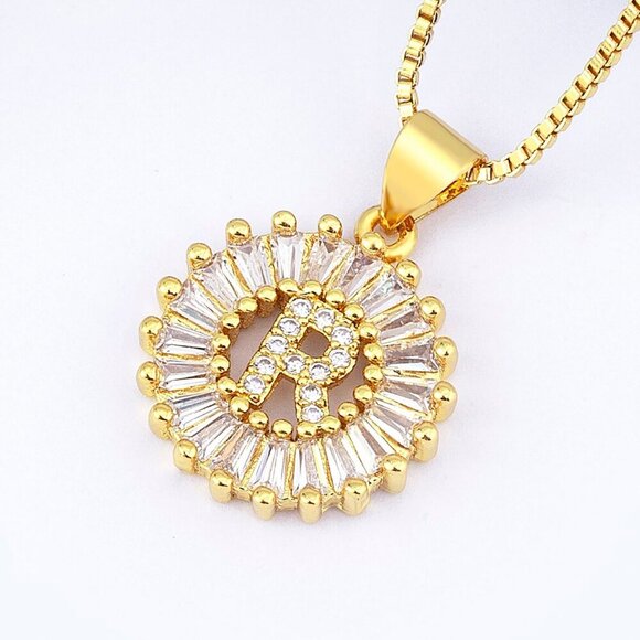 Yellow Gold Plated Women's Letter Detail Cubic Zirconia Round Charm Necklace - Picture 4 of 7